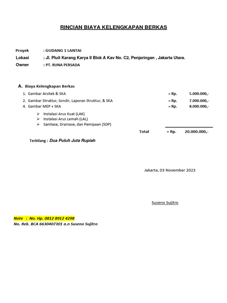 RINCIAN BIAYA KELENGKAPAN BERKAS GUDANG New1 | PDF