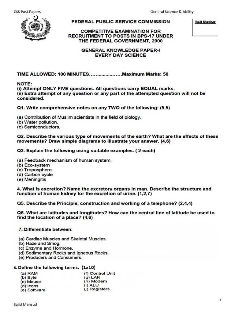 Css General Science And Ability Past Papers