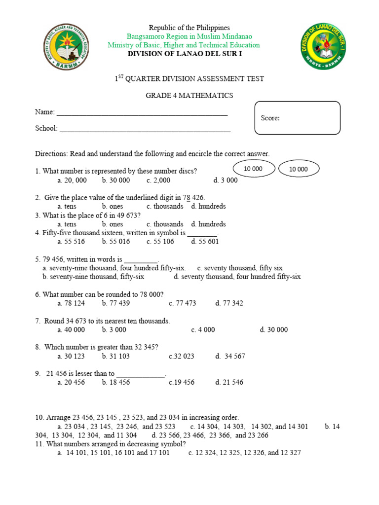 Grade 4 Division Math Assessment Test PDF Mathematics