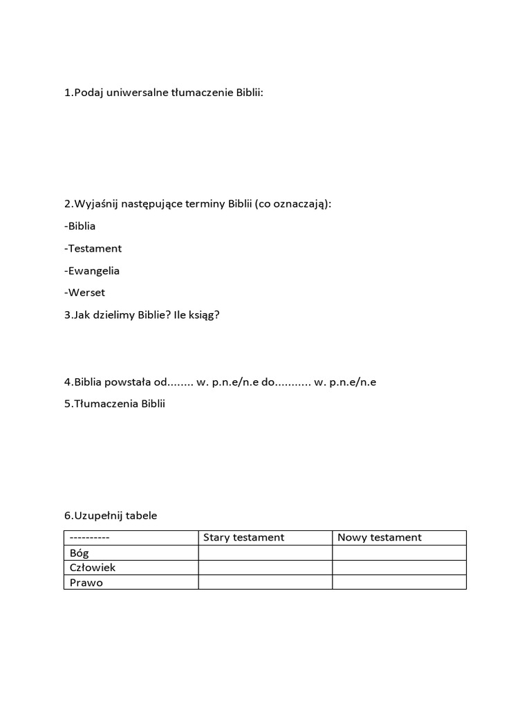 Biblia Test Klasa 1 Liceum Biblia - Sprawdzian Język Polski Klasa 1 | PDF