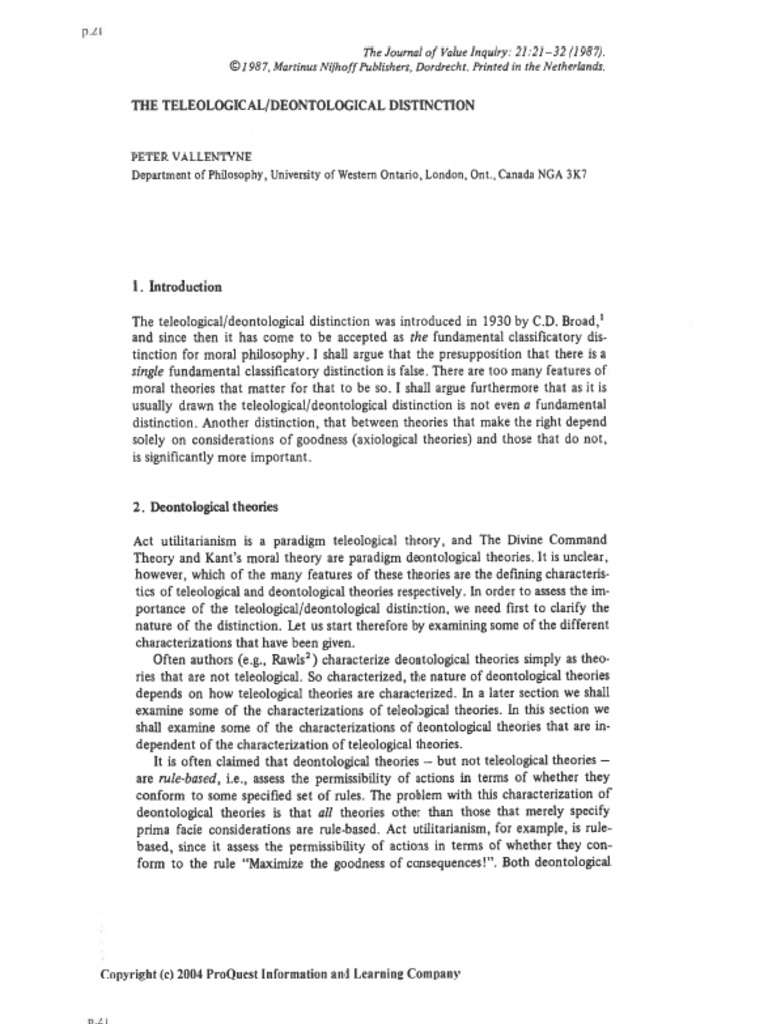The Teleological Deontological Distinction Peter Vallentyne | PDF