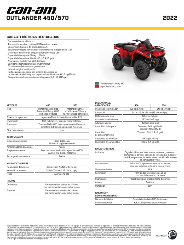 ORV MY22 SPEC OUTLANDER 450 570 - SPNA - PDFX | PDF | Ingeniería de ...
