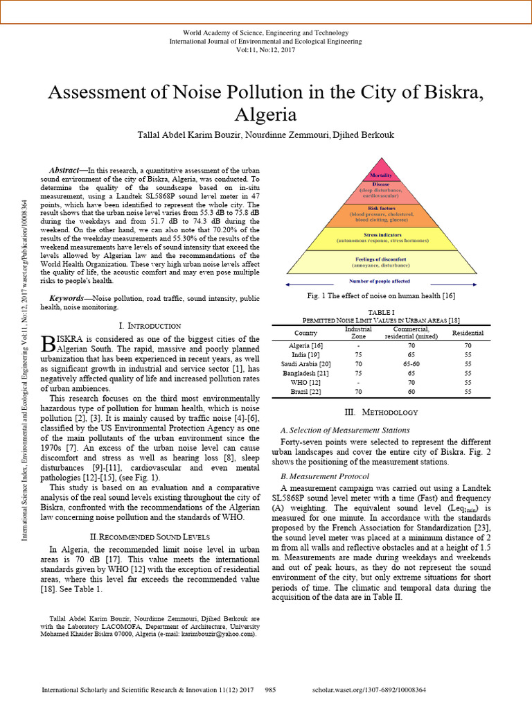 Assessment Of Noise Pollution In The City Of Biskra Download Free Pdf