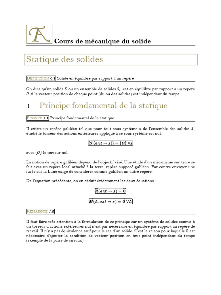 Principes de la statique des solides | PDF