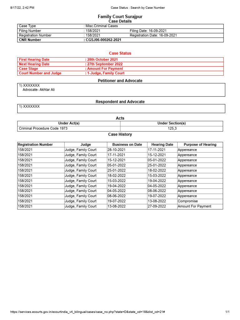 Case Status Search by Case Number PDF Family Court Judge