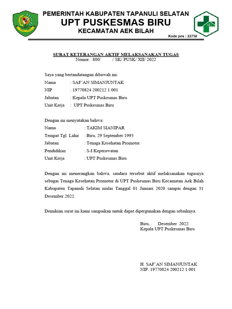 Surat Keterangan Aktif Kerja | PDF