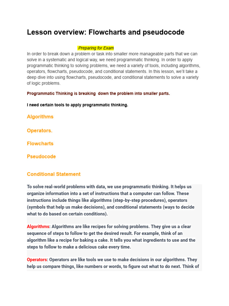 Lesson Overview - Flowcharts and Pseudocode | PDF | Algorithms ...