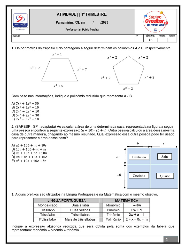 Lista Exercícios Operações Com Polinômios | PDF