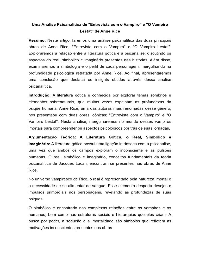 Analise Da Obra de Anne Rice | PDF | Psicanálise | Sigmund Freud