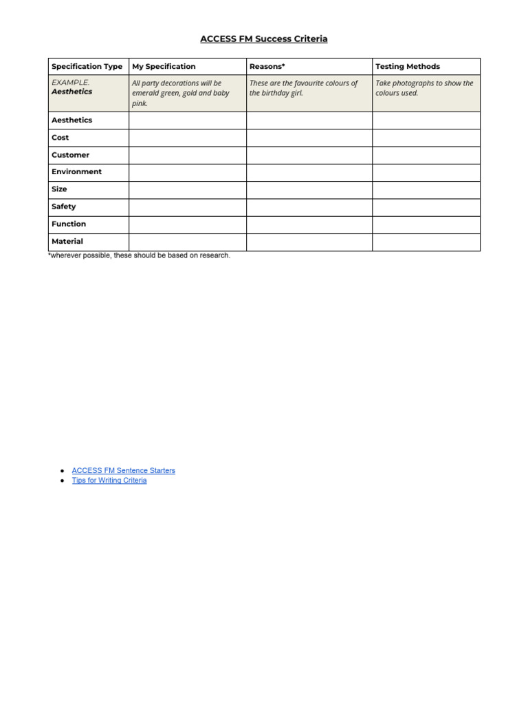 Success Criteria ACCESS FM Template | PDF