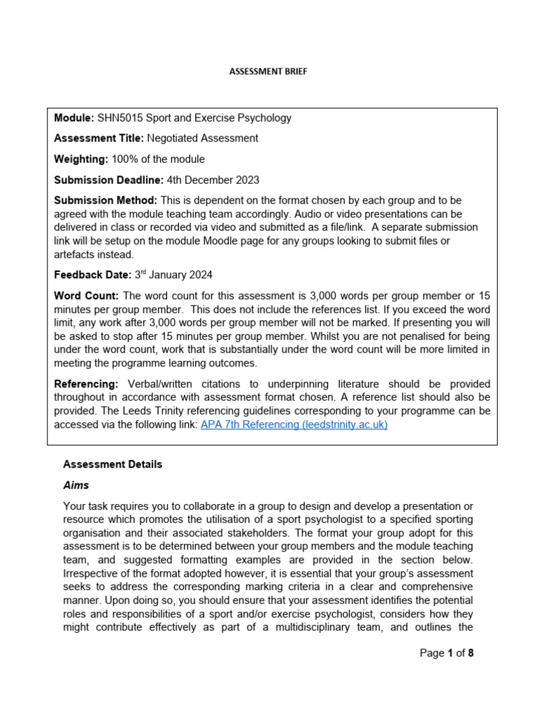 ASSESSMENT BRIEF SHN5015 Sport and Exercise Psychology 2023-24 | PDF ...