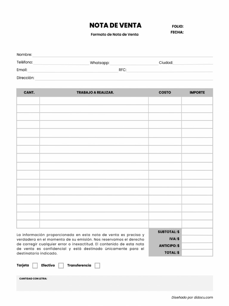 Descargar Nota de Venta en PDF Gratis | PDF