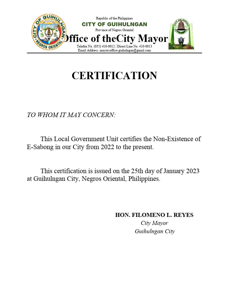 E Sabong Betting Certificate of Non Existence PDF