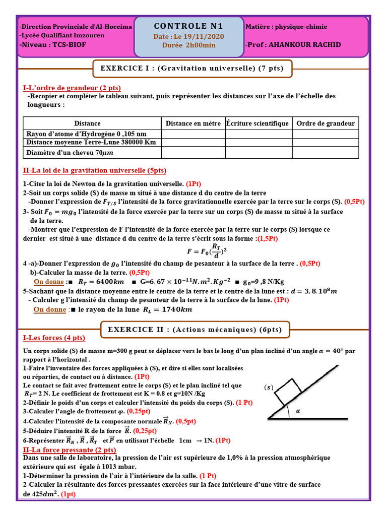 Controle 1 TC Biof 2020 2021 | PDF | Poids | Gravité