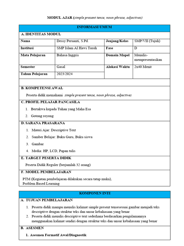 Modul Ajar Descriptive Text. KELOMPOK 6 | PDF | Karier & Perkembangan ...