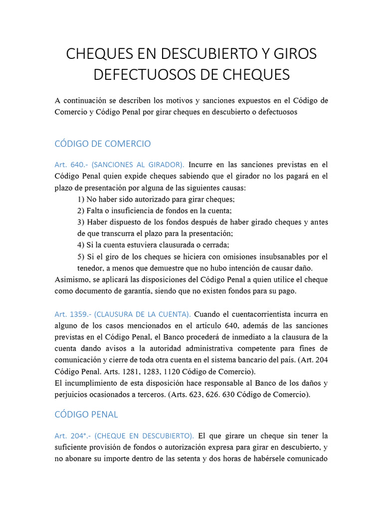 Cheques en Descubierto y Giros Defectuosos | PDF | Cheque | Justicia