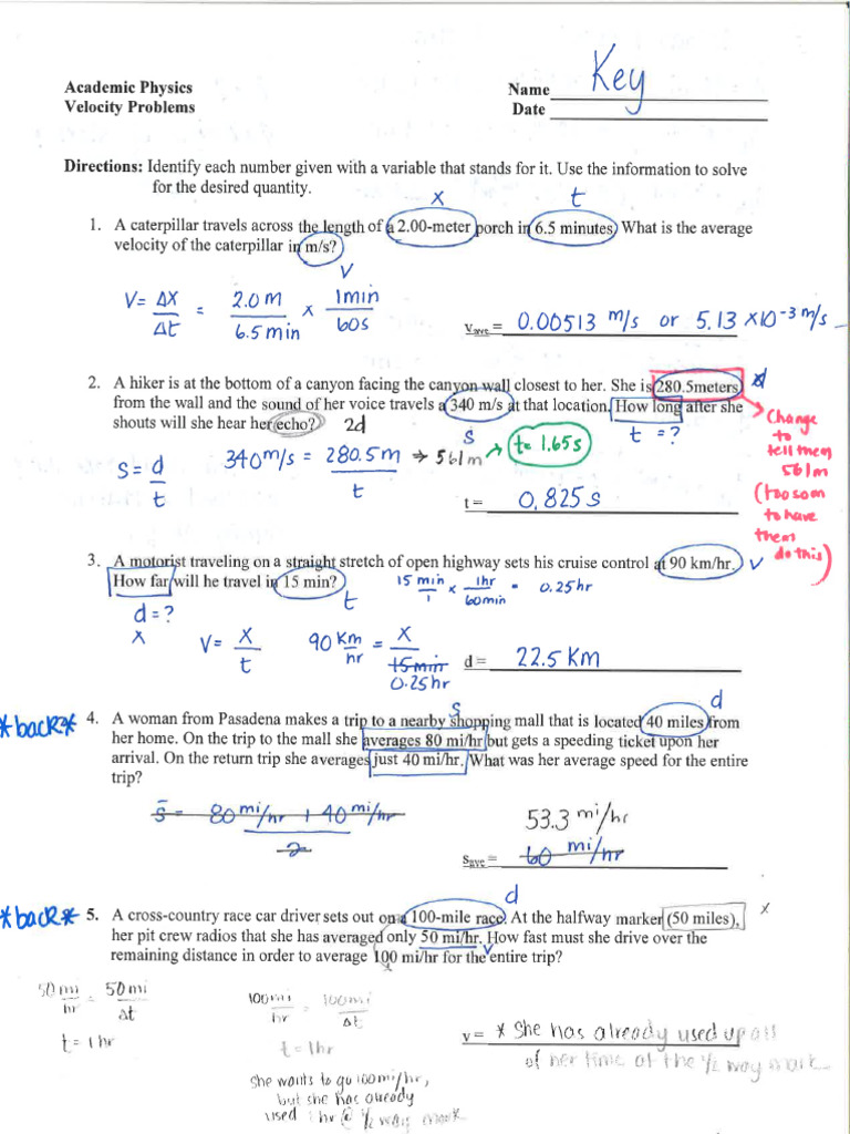 Constant Velocity Problems KEY PDF