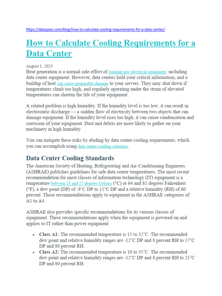 How To Calculate Cooling Requirements For A Data Center PDF Data