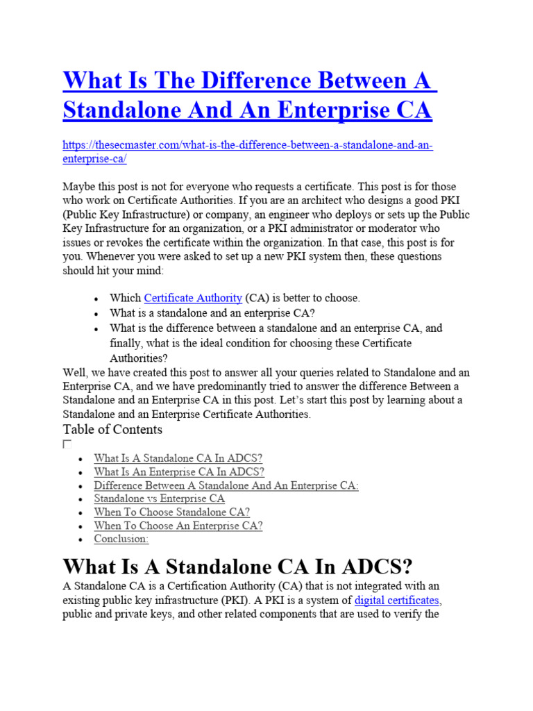 What Is The Difference Between A Standalone and An Enterprise CA | PDF ...