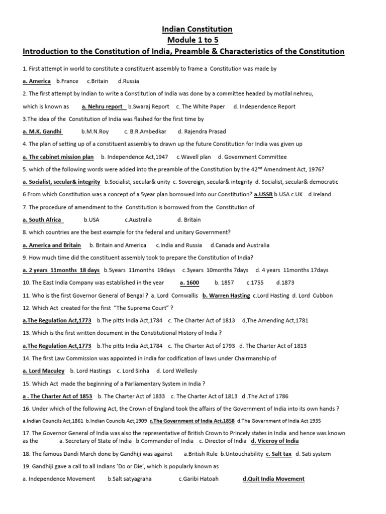 Indian Constitution Question Bank For SEE | PDF | Government Of India ...