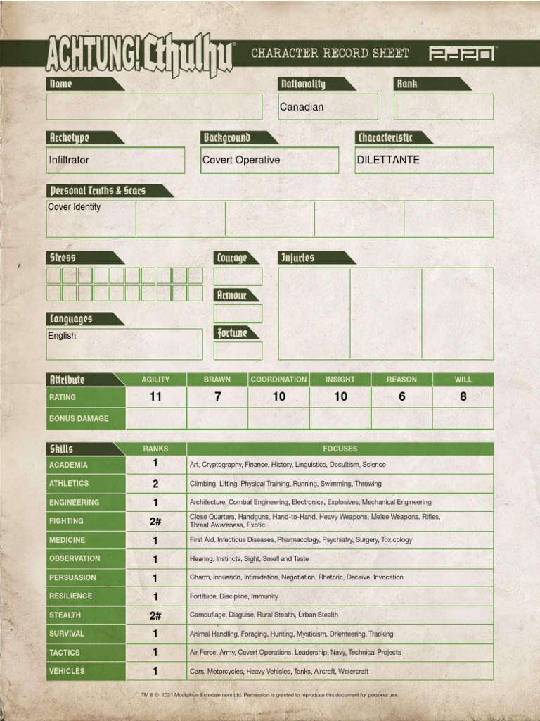 Achtung Cthulhu Form Fillable Character Sheet V 5 | PDF