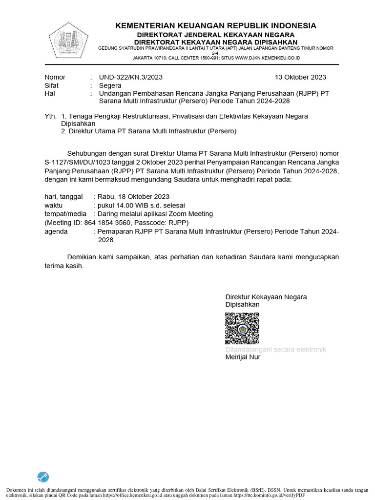 Undangan Pembahasan Rencana Jangka Panjang Perusahaan (RJPP) PT Sarana ...