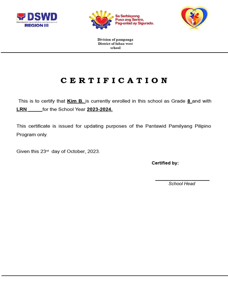 Certification for Grade 8 Enrollment | PDF