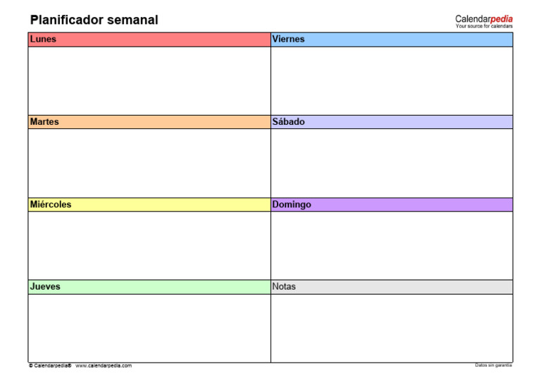 Planificador Semanal Horizontal 2 Columnas en Color | PDF