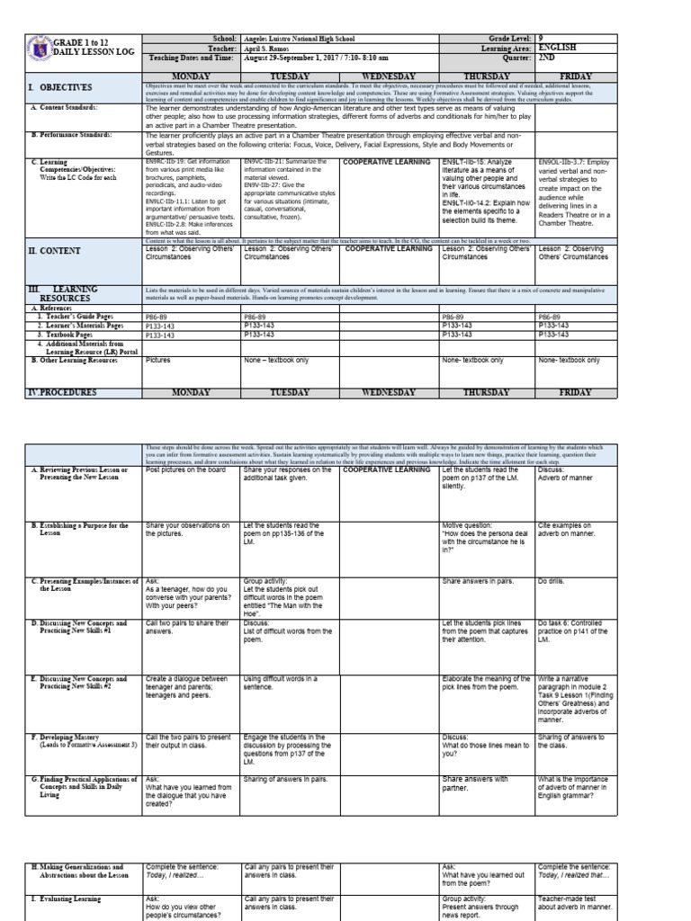 Grade 9 English Daily Lesson Log | PDF