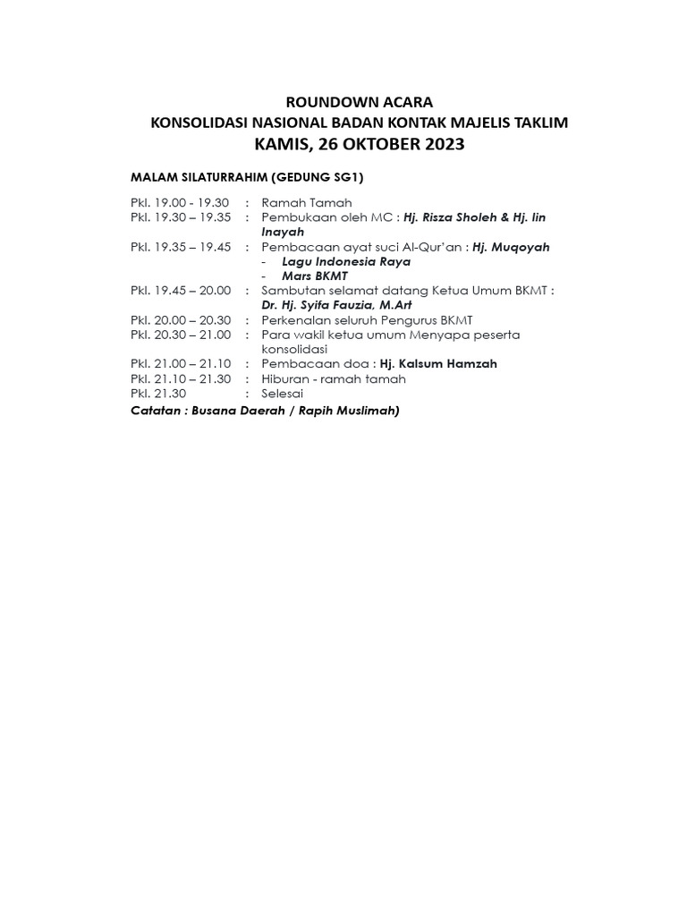Roundown Acara Konsolidasi BKMT | PDF