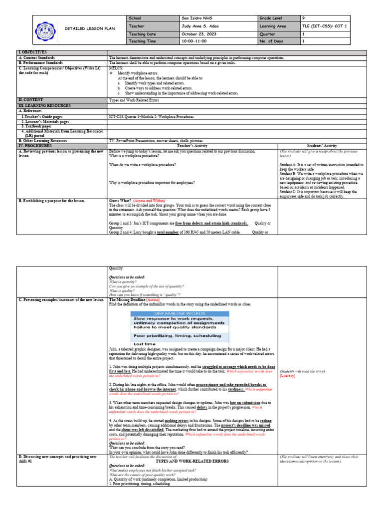 Work-Related Errors in CSS 9 | PDF | Learning | Teachers