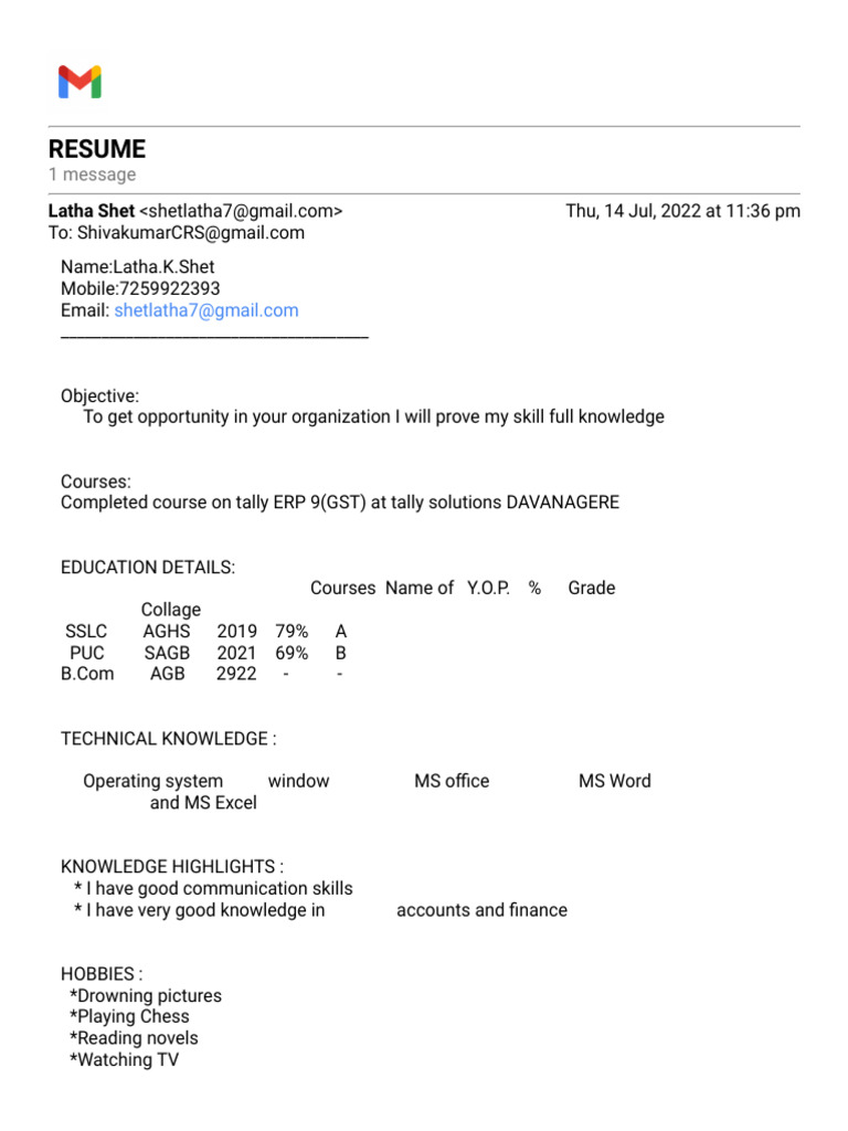 Gmail Resume Pdf