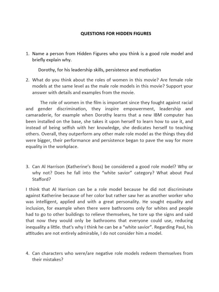 Questions For Hidden Figures PDF