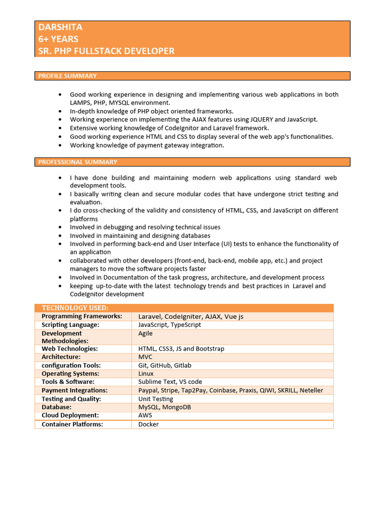 Senior PHP Fullstack Developer Profile | PDF | World Wide Web ...