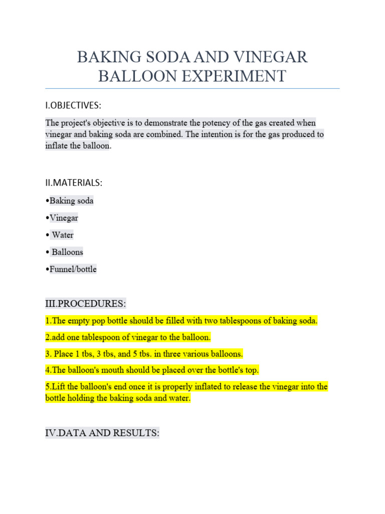 Baking Soda and Vinegar Balloon Experiment PDF