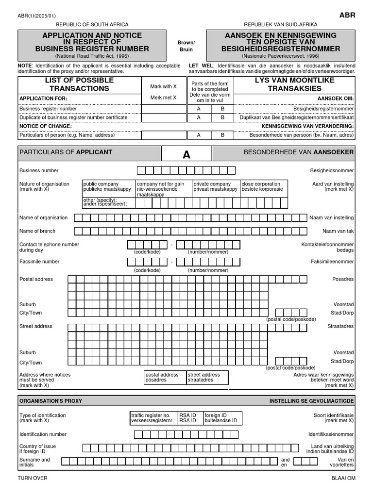 Application and notice in respect of business register number form abr