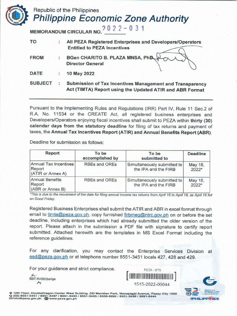 MC - 2022-031 Submission of Timta Report Using The Updated Atir and Abr ...