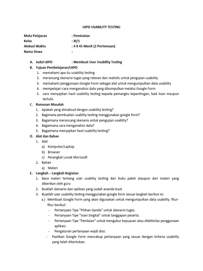 Panduan Usability Testing dengan Google Form | PDF