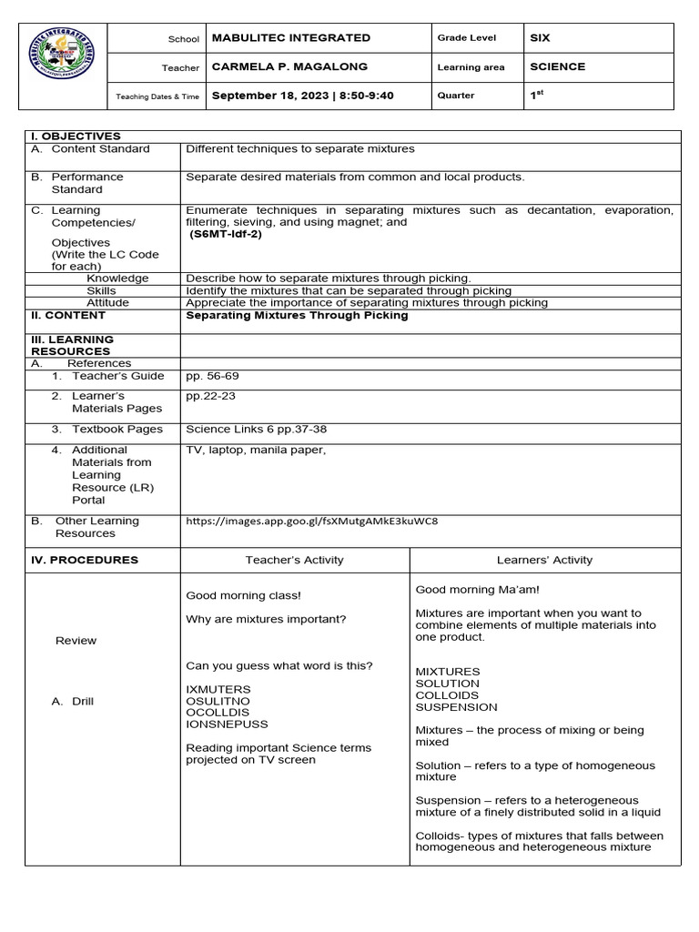 Mabulitec integrated six carmela p magalong science september 18 2023