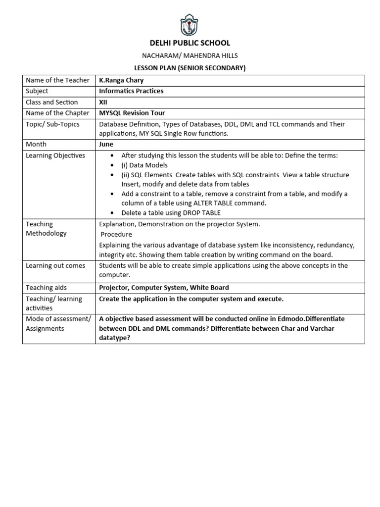SQL Lesson Plan for Class XII | PDF | Database Transaction | Databases