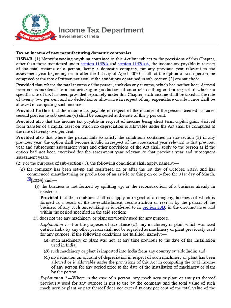Income Tax for New Manufacturing Companies | PDF