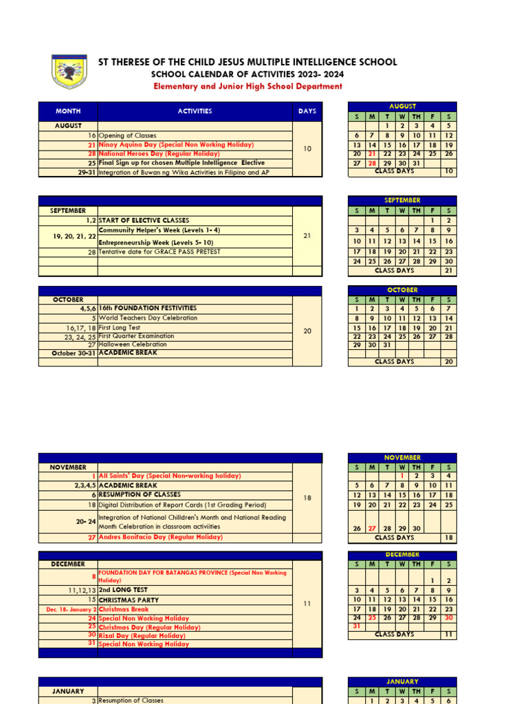 Stcjmis Elem Junior High School Calendar 2023 2024 PDF Observances