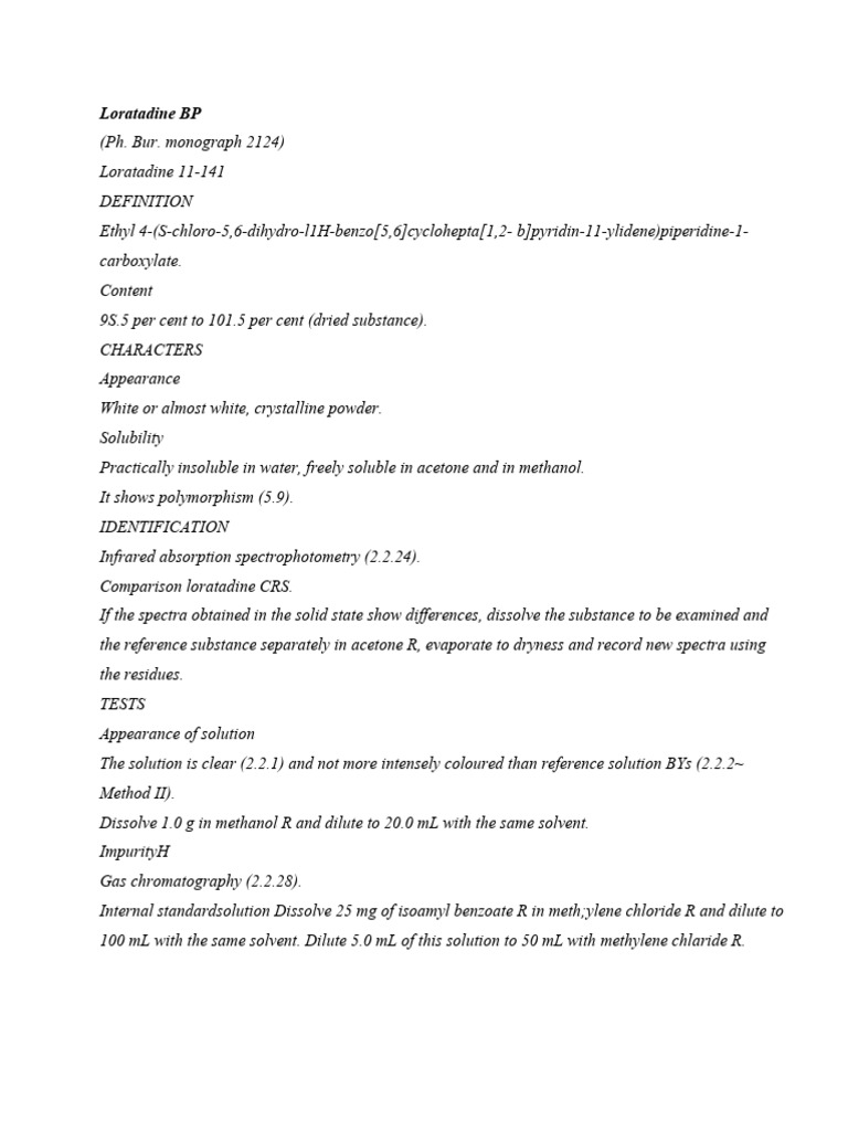 Loratadine BP Monograph and Testing | PDF