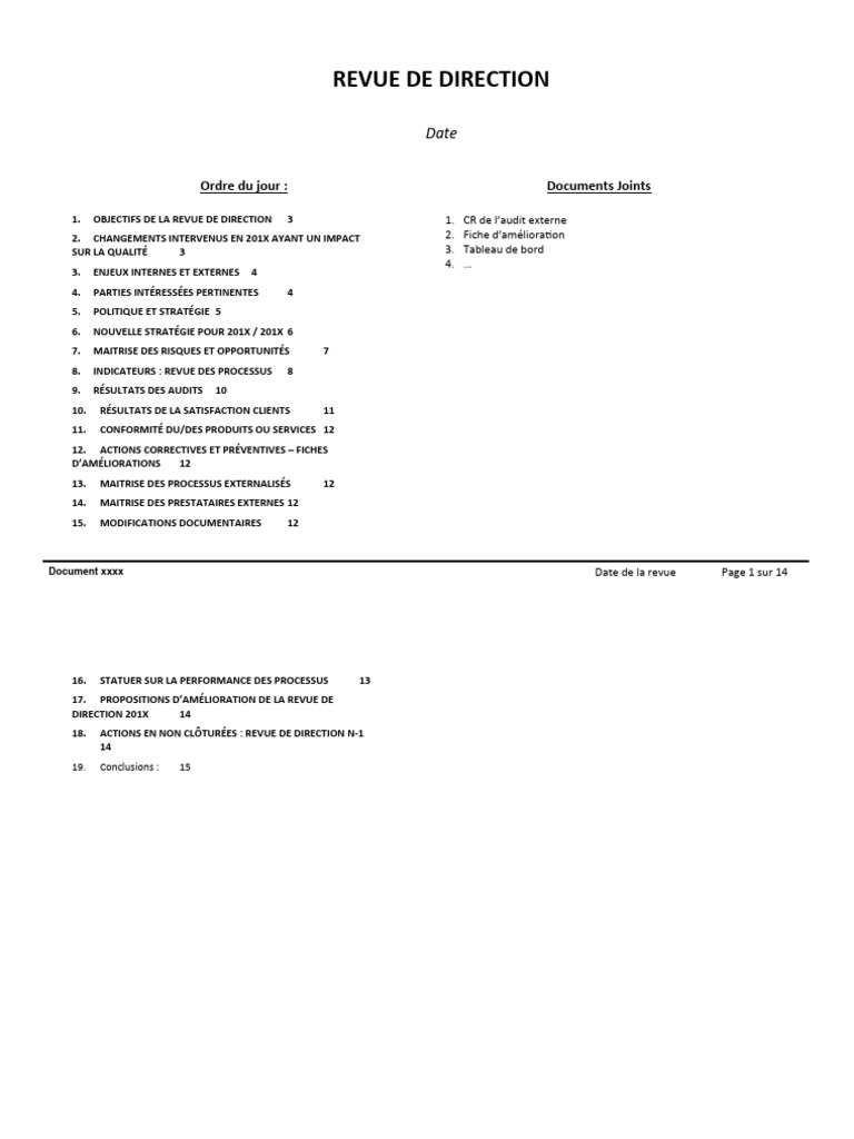 Modele Revue De Direction Fichier Word PDF Syst me De Management De 