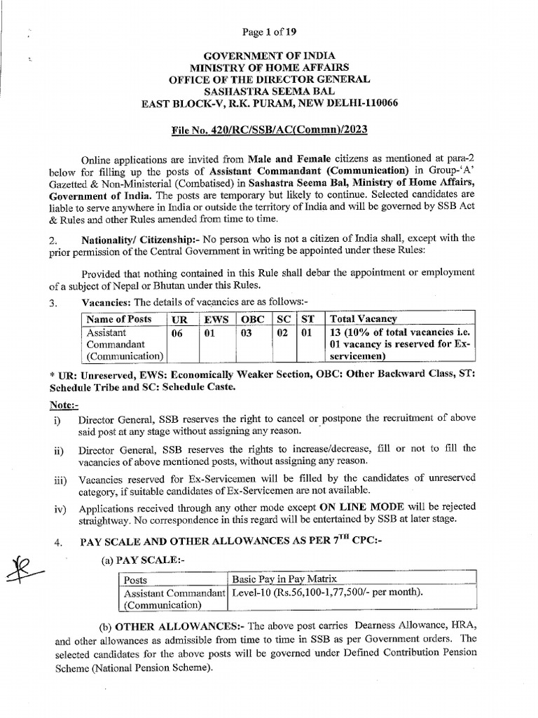 SSB Recruitment 2023 For Assistant Commandant Communication | PDF