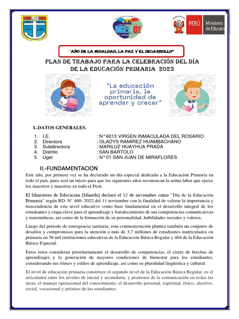Plan de Trabajo: Día de la Educación Primaria 2023 | PDF | Educación ...