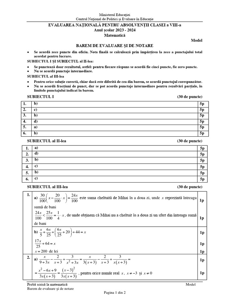 En VIII Matematica 2024 Bar Model PDF