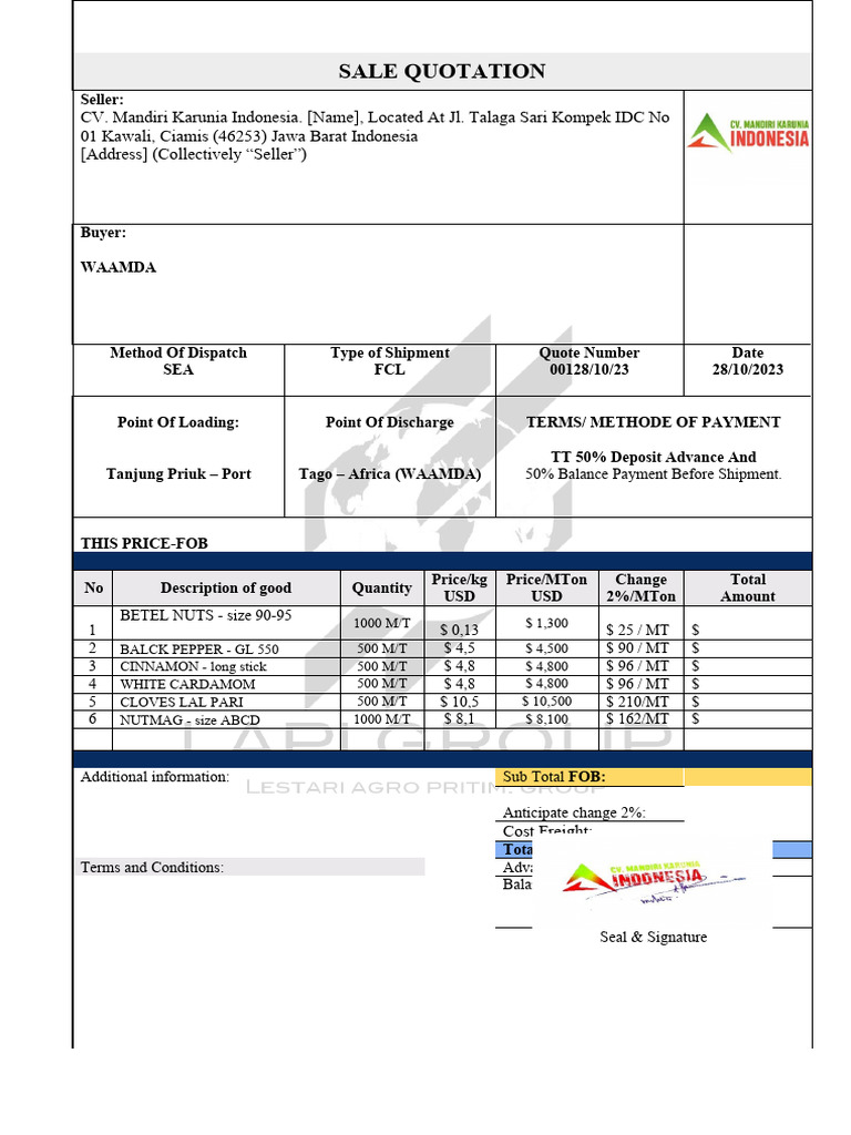 Export Quotation for WAAMDA | PDF