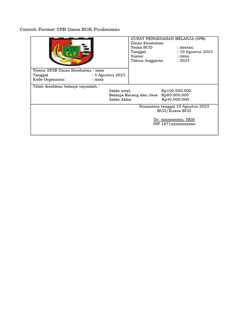 Format SPB Dana BOK Puskesmas 2023 | PDF