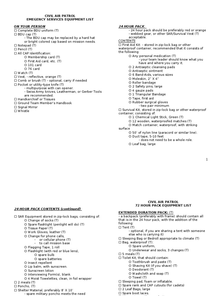 ES Pack List Civil Air Patrol Equipment